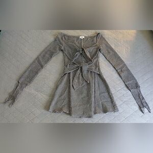 LPA Black and White Checkered Long Sleeve Dress Front Tie